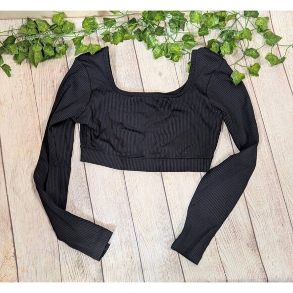 Year Of Ours BLACK Long Sleeve Ribbed Cropped Cut Out Workout Top Size M - Picture 1 of 6
